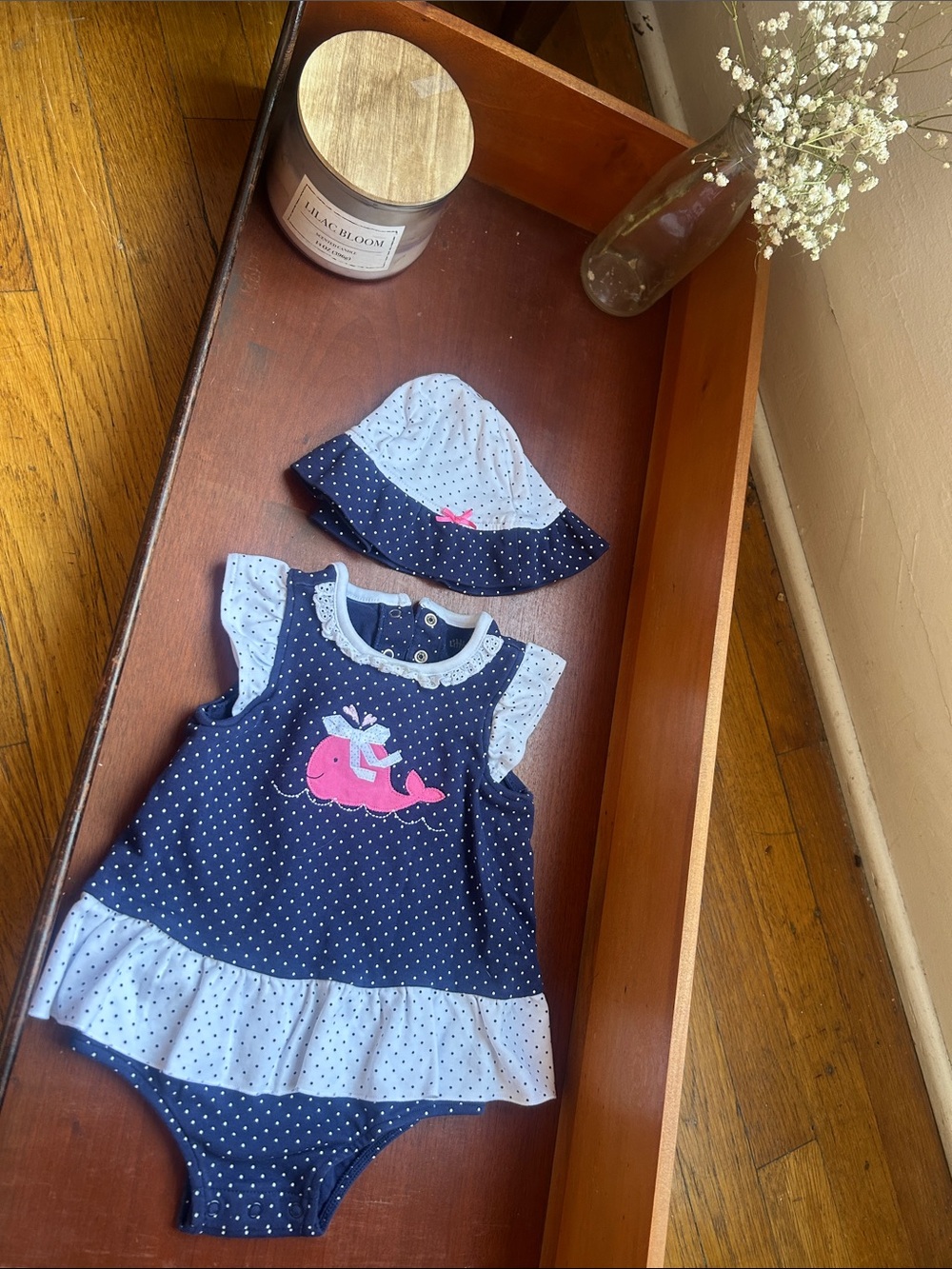 Little me 12 month set Navy Polka Dot Whale Romper with Matching Bonnet